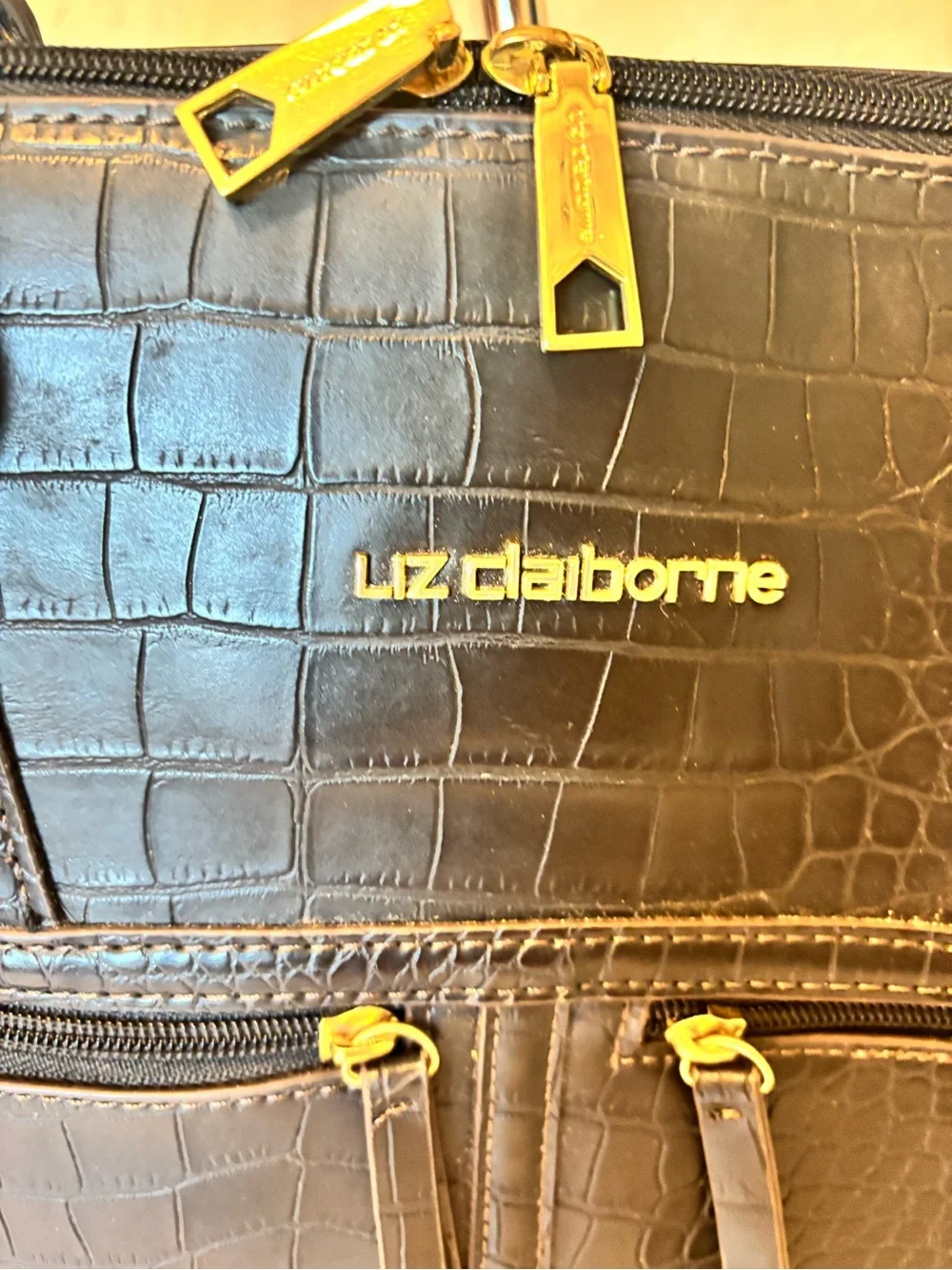 Liz Claiborne Black Croc Embossed PVC Laptop Travel Tote Carryall Bag